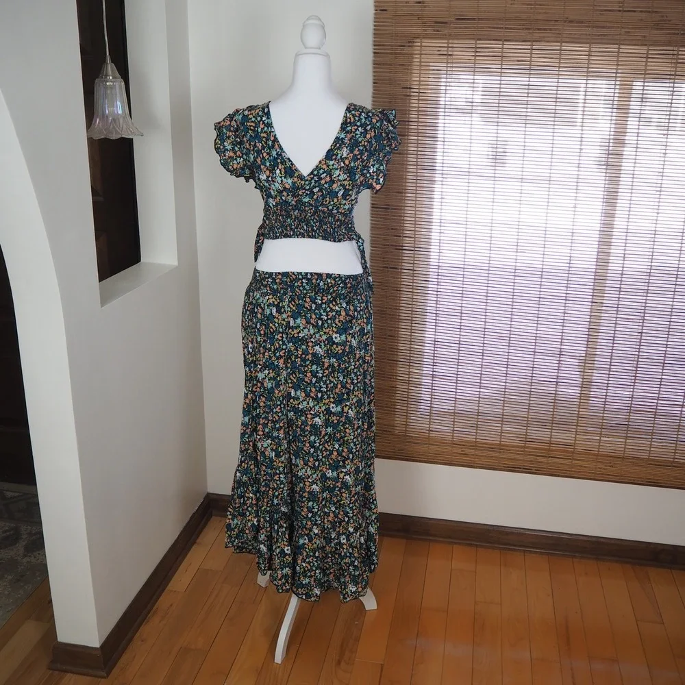 Free People Pretty Dayz 2‎ Pc Maxi Skirt Set XS Dainty Floral Boho Festival
